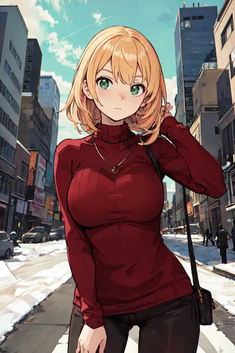 anime girl in red top and black pants standing on street