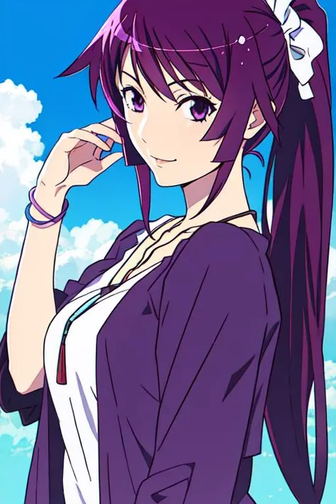 Senjo_Hitagi, senjougahara_hitagi, 1girl, solo, purple_hair, long_hair, ponytail, black_shirt, necklace,<lora:senjougaharaHitagi_v10 (2):0.8>