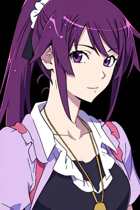 Senjo_Hitagi, senjougahara_hitagi, 1girl, solo, purple_hair, long_hair, ponytail, black_shirt, necklace,<lora:senjougaharaHitagi_v10 (2):0.8>