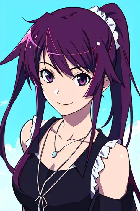 Senjo_Hitagi, senjougahara_hitagi, 1girl, solo, purple_hair, long_hair, ponytail, black_shirt, necklace,<lora:senjougaharaHitagi_v10 (2):0.8>