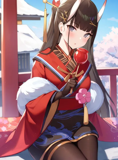 <lora:noshiro_XL_v1.0:1>,noshiro_(azur lane),  long_hair, hair_ornament,fur-trimmed_kimono ,wide_sleeves, gloves, outdoors,sitting,looking_at_viewer, cowboy shot, holding candy apple, masterpiece, best quality,  very aesthetic, absurdres,