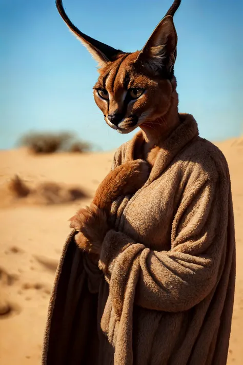 highres,(intricate details:1.2),(perfect details), unity CG 8K wallpaper,masterpiece,(female:1.3),1girl, furry, (anthro:1.4), caracal,caracalcat,ningmao,adorable, sand, Africa,desert robe, <lora:add_detail:0.4>   <lora:aki:0.9>