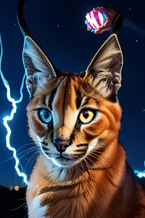 a close up of a cat with a lightening bolt in the background