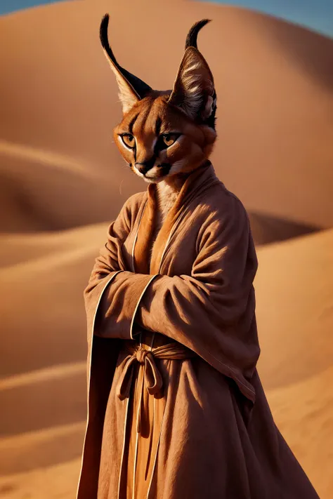 highres,(intricate details:1.2),(perfect details), unity CG 8K wallpaper,masterpiece,(female:1.3),1girl, furry, (anthro:1.4), caracal,caracalcat,ningmao,adorable, sand, Africa,(desert robe:1.3), <lora:add_detail:0.4>   <lora:aki:0.9>