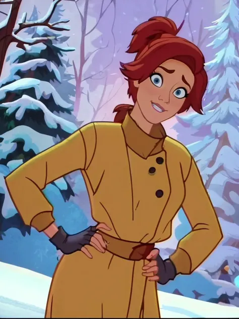 a close up of a cartoon of a woman in a yellow coat