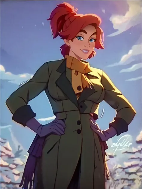 a woman in a green coat and purple gloves standing in front of a snowy mountain