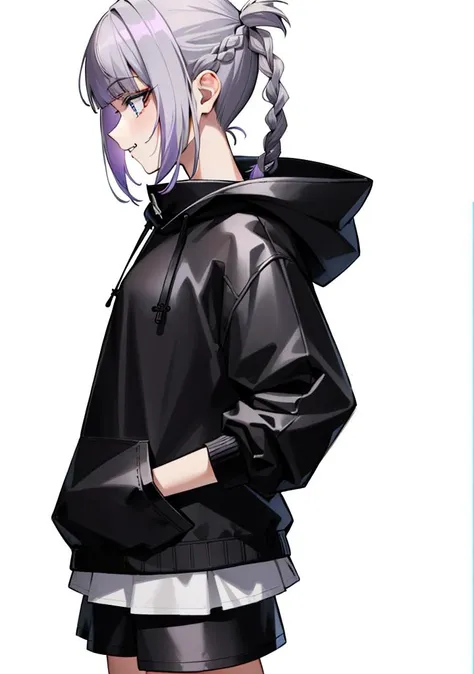 ((side profile picture:1.1)),full body,8K HDR,high res,masterpiece, best quality, ultra-detailed,excellent illustration, 1girl, solo, <lora:nazunaNanakusaCallOfThe_offset:0.65> 1girl, detailed clothes ,bangs,[realistic] ((detailed background(white))) ,hood...