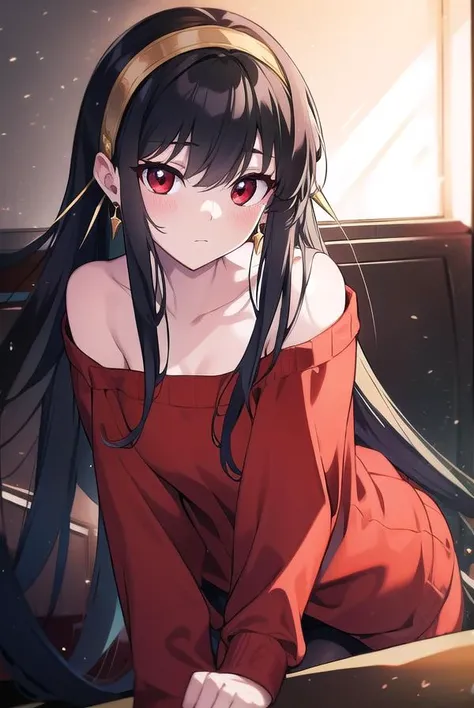 yorbriar, <lyco:yorbriar-LYCORIStest:1>, yor briar, black hair, (red eyes:1.5), earrings, gold hairband, hairband, long hair, sidelocks,
BREAK bare shoulders, collarbone, dress, long sleeves, off shoulder, off-shoulder dress, off-shoulder sweater, pantyhos...