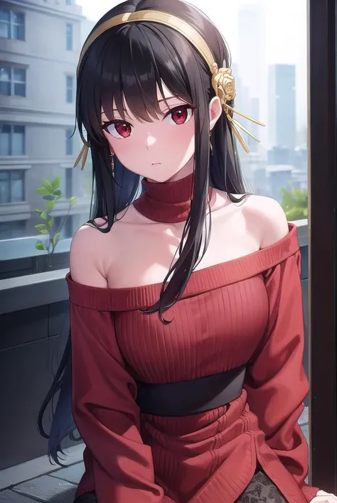 yorbriar, <lyco:yorbriar-lyco-nochekaiser:1>, 
yor briar, black hair, (red eyes:1.5), earrings, gold hairband, hairband, long hair, sidelocks,
BREAK bare shoulders, collarbone, dress, long sleeves, off shoulder, off-shoulder dress, off-shoulder sweater, pa...