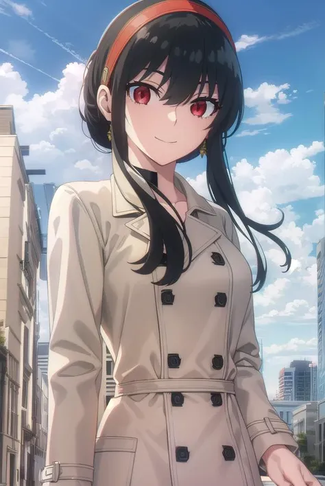 yorbriar, <lyco:yor briar s1-lyco-nochekaiser:1>, 
yor briar, black hair, (red eyes:1.5), earrings, white hairband, hairband, long hair, sidelocks, smile,
BREAK coat, trench coat,
BREAK outdoors, city, sky, clouds, sun,
BREAK looking at viewer, (cowboy sho...