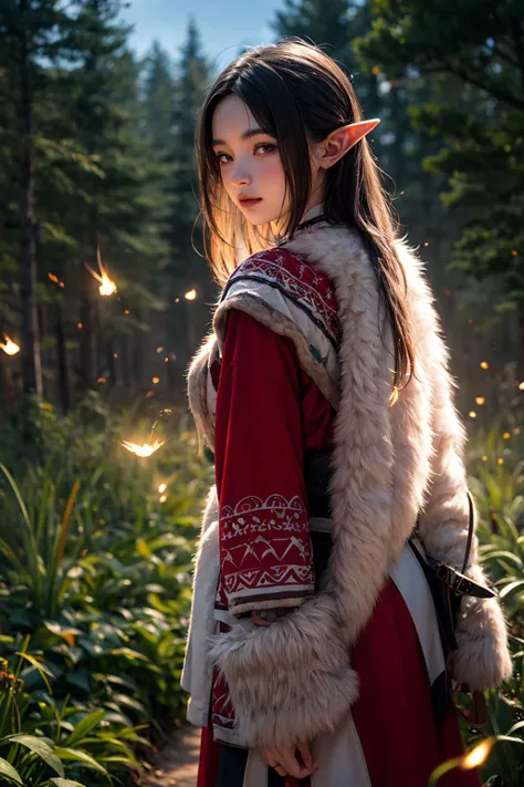 masterpiece , depth of field, night, dack, 1girl,  solo, long hair, red clothes, sky, fireflies, elves, forest, 
 <lora:zangzu2:...