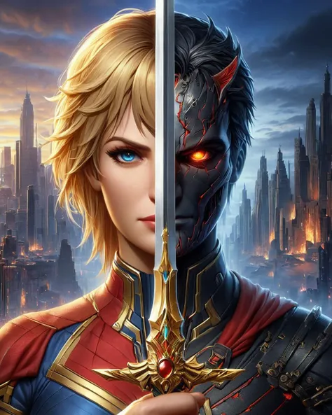 (half of the face is Nero (Nero Claudius Caesar), on other half its Captain Marvel:1.25), amazing quality, city in background, digital art,  <lora:V4:1> TwoFace Blade