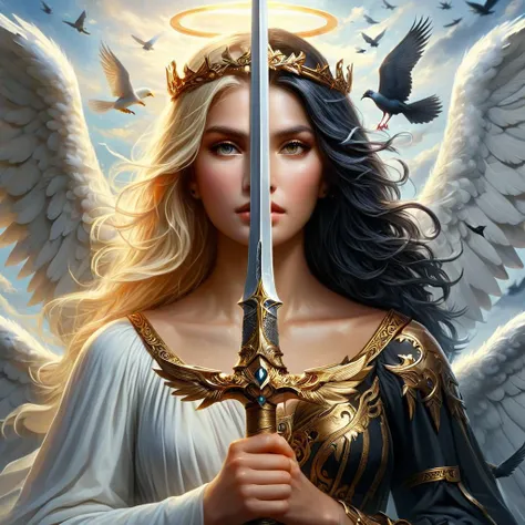 a detailed 8k photo,
A woman is holding a golden sword in front of her face,
the half of the face is a blonde angel in the sky with white wings and white doves in the air,
on the other half its the woman of the devil with ((black hair)) and a ((dark wing))...