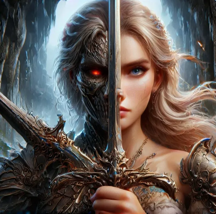 a detailed 8k photo,
A woman is holding a big sword infront of her face,
the left half of the face is a blonde model,
on the other right half its a dark man,
TwoFace Blade
<lora:V4:1>
 <lora:XL_Weapon_Sword__Shield_-_By_HailoKnight:1>