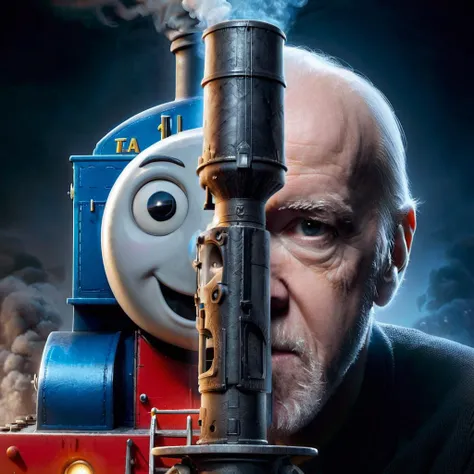 Epic movie poster, closeup face portrait of (George Carlin) a smoke stack in front of face, (half of the face is Thomas the Tank Engine, on other half is George Carlin:1.8), TwoFace Blade,dark background, 16k, UHD, DSLR, Insane Details, award-winning photo...