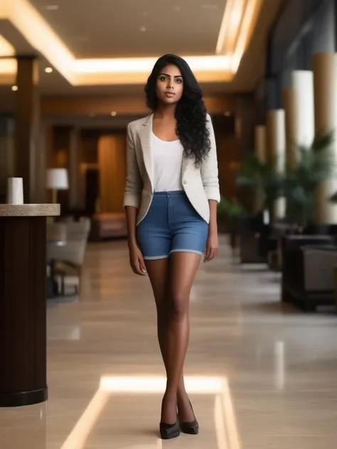 a woman in a white blazer and blue shorts is standing in a lobby