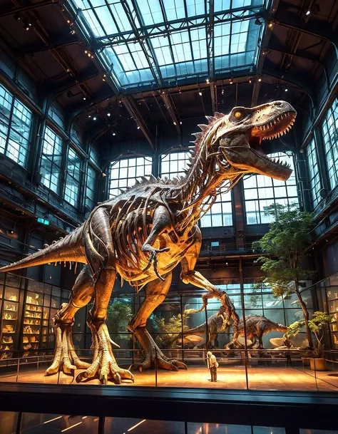 asymmetrical, extreme closeup, indoors museum glass walls, gigantic t-rex dinosaur bones, extreme details, sharp focus, artistic style, 8k hdr, high quality, night,