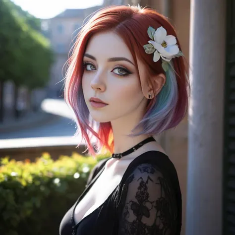 a woman with a flower in her hair standing in front of a building