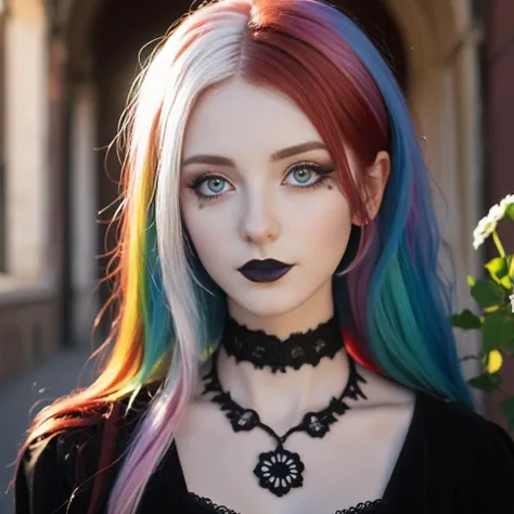 a close up of a woman with colorful hair and a choke