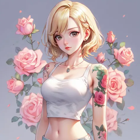 AGG,Joi,anime gorgeous girl, no bangs or bangs of hair, 1 girl, rose accessories, looking at the audience, colorful tattoo on the clavicle,blonde hair,tattoo,Angela,A concise background,Low cut outfit with C-cup breasts