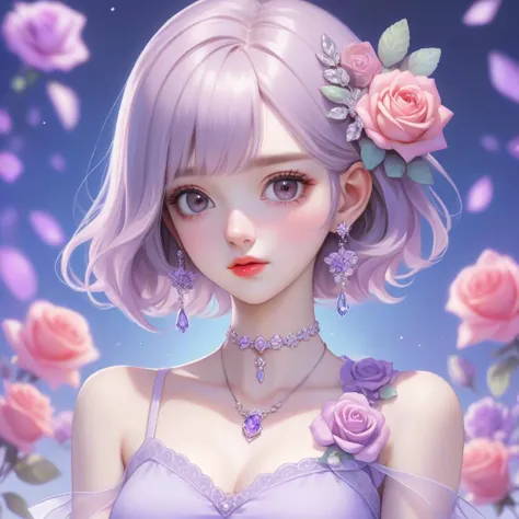 AGG,Joi,anime gorgeous girl, no bangs or bangs of hair, 1 girl, rose accessories, looking at the audience, head portrait, aurelia, colorful tattoo on the clavicle,lavender hair