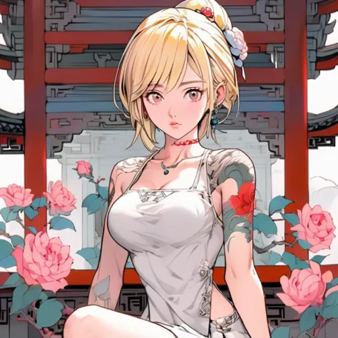 AGG,Joi,anime gorgeous girl, no bangs or bangs of hair, 1 girl, rose accessories, looking at the audience, colorful tattoo on the clavicle,blonde hair,tattoo,wangxiaolu,A concise background,Low cut outfit with C-cup breasts,sitting on the sino traditional ...