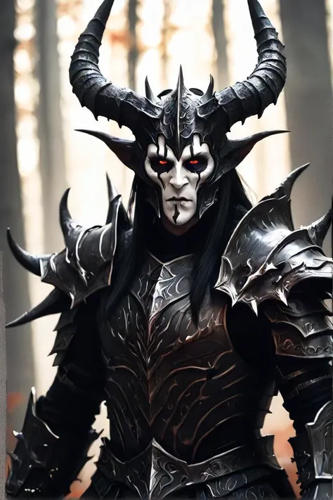 a close up of a person in a horned costume in a forest, portrait of daemons, daedric armor, epic fantasy game art, wearing daedric armour, portrait of sauron, dragonborn, demon armor, demon lord, horned god, the dark lord sauron, berserker potrait, male go...