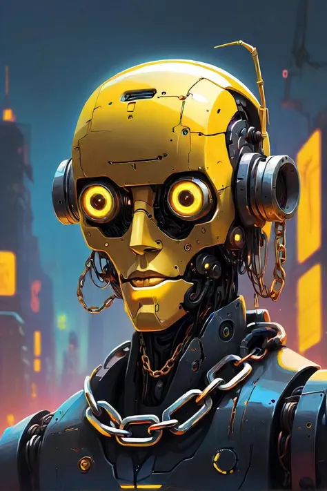 there is a robot with yellow eyes and a chain around its neck, cyberpunk art inspired by paul lehr, artstation, les automatistes, yellow cyborg eyes, cyberpunk mechanoid, dan mcpharlin