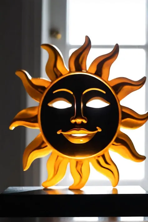 a close up of a sun sculpture on a table near a window