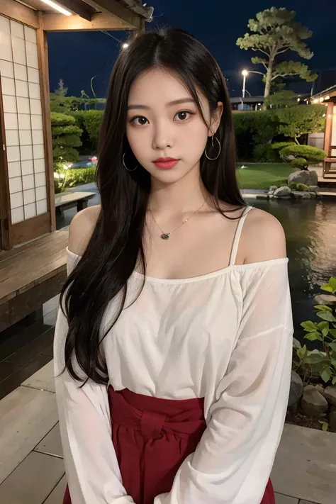 1girl,18years old,Thai girl,(Long hair with natural waves), dark hair, dark eyes,masterpiece, best quality, looking at viewer,earrings,necklace,night,
Japanese garden,