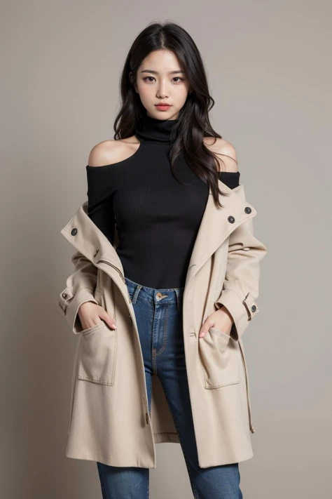 (masterpiece, high quality) woman, long hair, off shoulder, (wearing beige coat, black turtleneck tucked into denim pants), model, posing, simple background