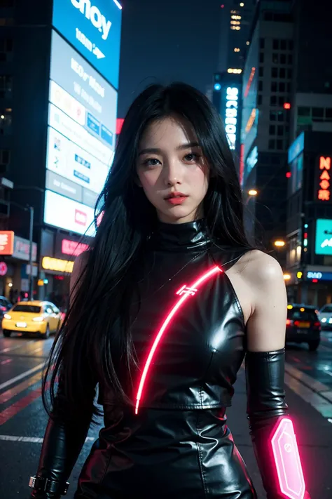 neon_outlines, Striking art model, elegant, cyberpunk, geometric,  futuristic elements, mysterious aura, sci-fi, long hair, dynamic and ethereal vision, neon illumination,