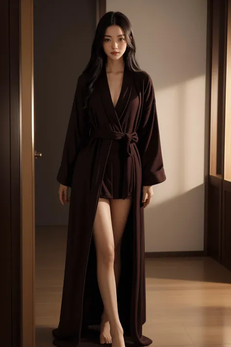 1girl, solo, standing, (real skin, skin texture), brown eyes, pouty lips, glossy lips, black hair, very long hair, skinny, slim, looking at viewer, ((wearing closed robe)), indoors, modern luxury apartment,