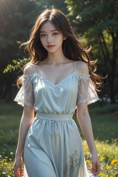 a woman in a dress walking through a field of flowers