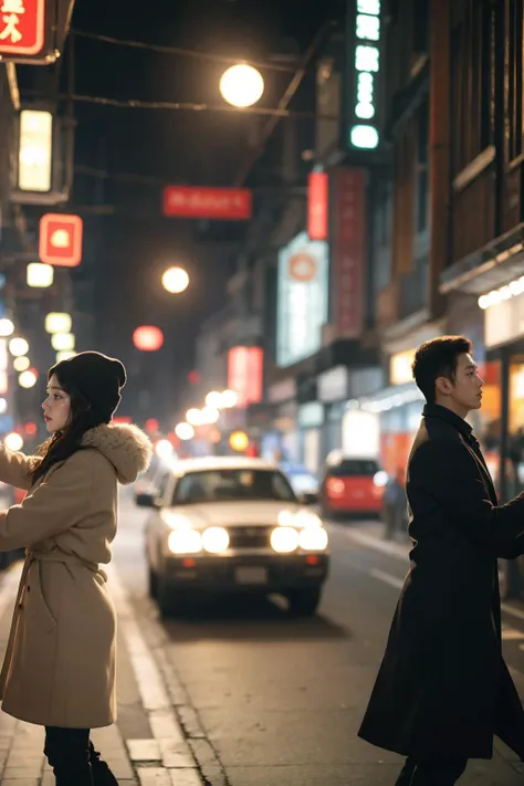 (1 woman, 1 man), man and woman walking, busy street, winter, blurry background:1.5,
(best quality), (masterpiece),
<lora:CineStyle5:0.2>