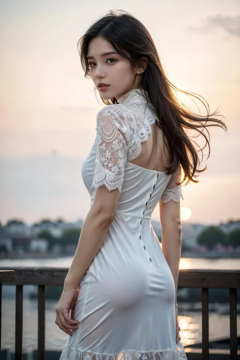 a woman in a white dress standing on a bridge near the water