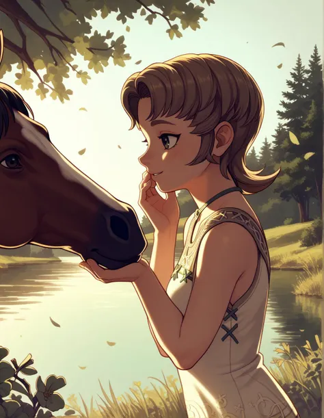 anime girl with brown hair and brown eyes touching a horse's nose