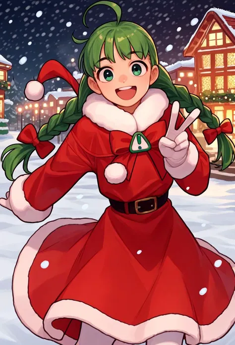 a cartoon girl in a red dress and santa hat is standing in the snow