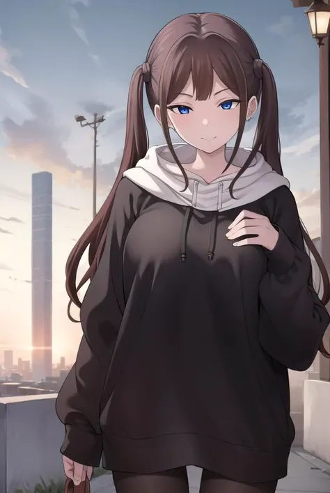 tsubamentr, <lyco:tsubamentr-lyco-nochekaiser:1>,
tsubame ntr, long hair, blue eyes, brown hair, twintails, (large breasts:1.2), smile,
BREAK long sleeves, jewelry, pantyhose, earrings, hood, black pantyhose, hoodie, hood down, ear piercing, watch, blue ho...