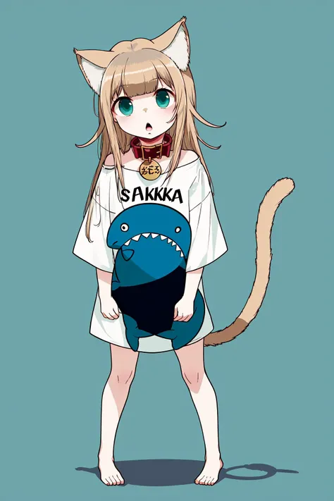 kinako,  1girl, :o, animal_collar, animal_ear_fluff, animal_ears, aqua_eyes, bangs, barefoot, bell, blonde_hair, blunt_bangs, cat_ears, cat_girl, cat_tail, collar, full_body, long_hair, off_shoulder, open_mouth, pillow, red_collar, shirt, simple_background...