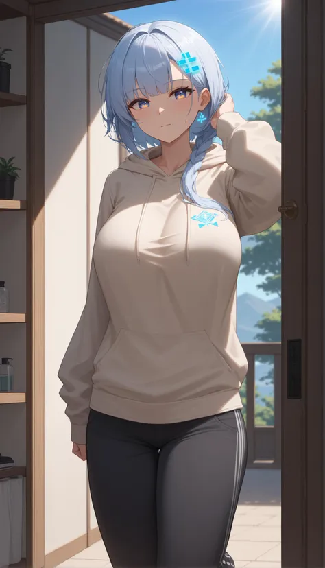 anime girl with blue hair and blue eyes standing in front of a door