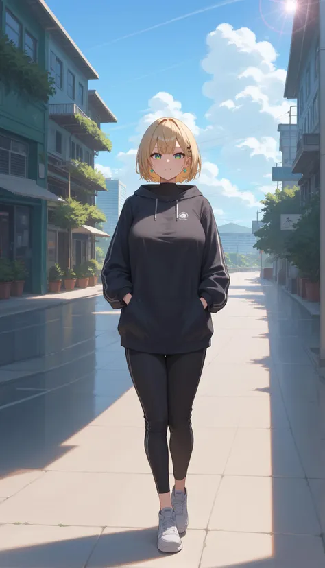 anime girl walking down a street with a mask on her face