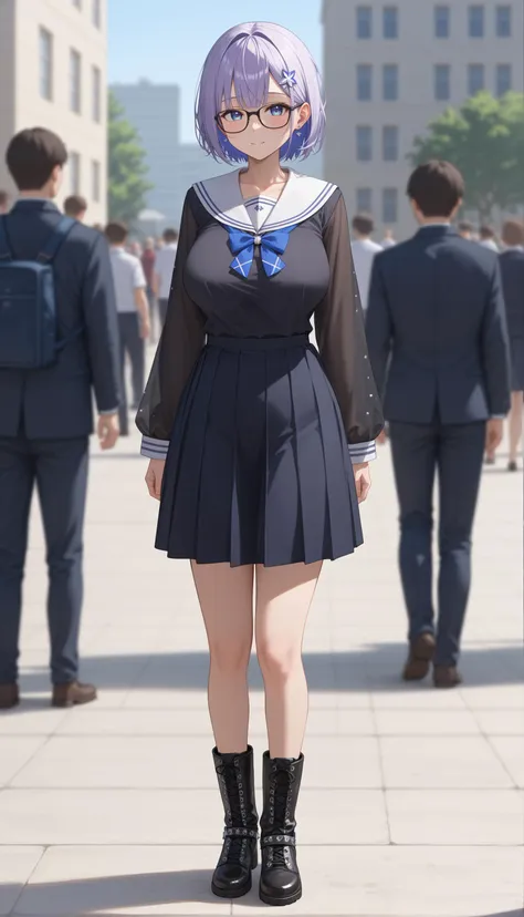 anime - style image of a woman in a school uniform standing in a crowd