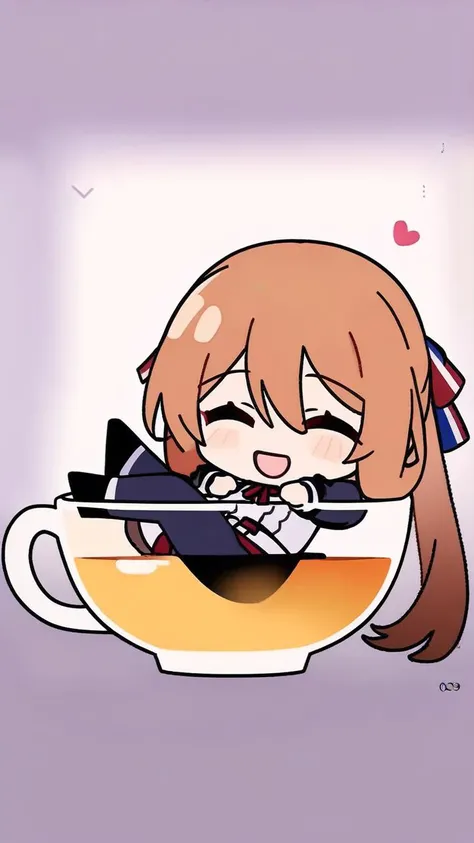 1girl, solo, springfield (girls frontline), girls frontline, chibi, mini person, minigirl, in cup, teacup, heart, :d, ^_^, simple background, masterpiece, best quality, <lora:mikuoeo-xl-a3.1:1>