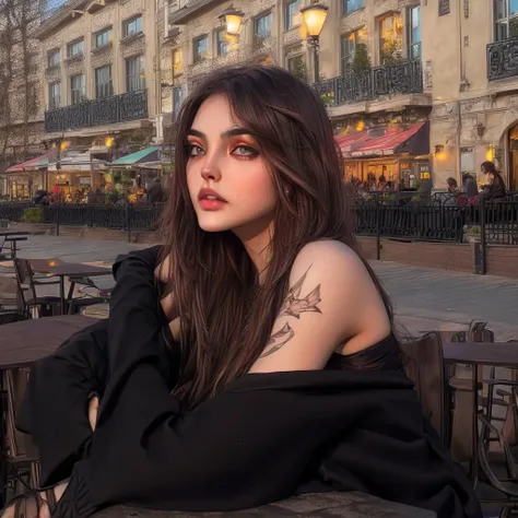 Alexeevafap,<lora:Alexeevafap_v3:1>,detailed,realistic,sitting in a outdoor cafe 2015,afternoon lightning,piercing eyes,looking straight,dark long hair,Photorealistic,8k,