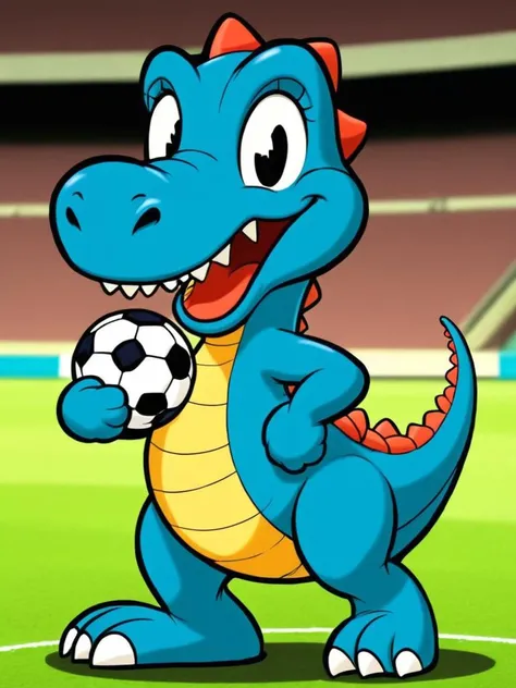 (rubber_hose_character:1.1) <lora:RubberHose_Characters_SDXL_v1:1.3>,cartoon, dinosaur playing soccer, (fully equipped:1.4)