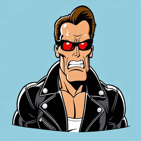 (rubber_hose_character:1.1) <lora:RubberHose_Characters_SDXL_v1:1> cartoon, arnold schwarzenegger, terminator, leather jacket, left red eye