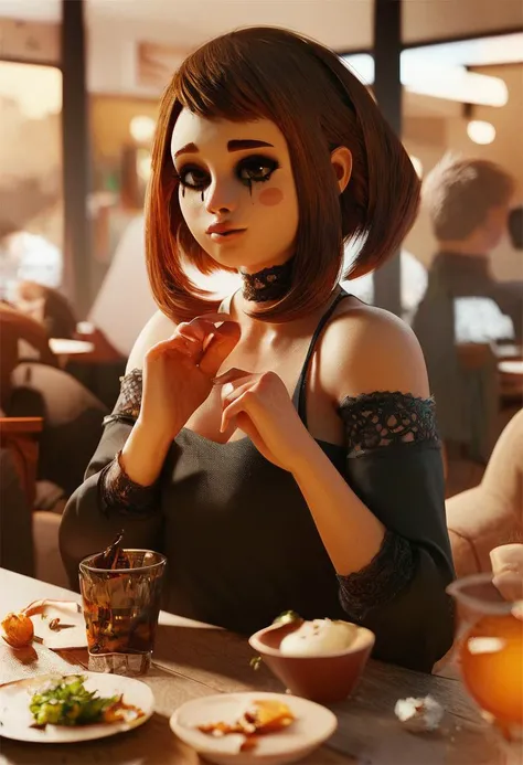 score_9_up, score_8_up, score_7_up, skin pores, revealing, make up, mascara, gothic, uraraka_ochako, scandinavian design, dining in a restaurant, <lora:hyperrealism_CivitAI:0.6>