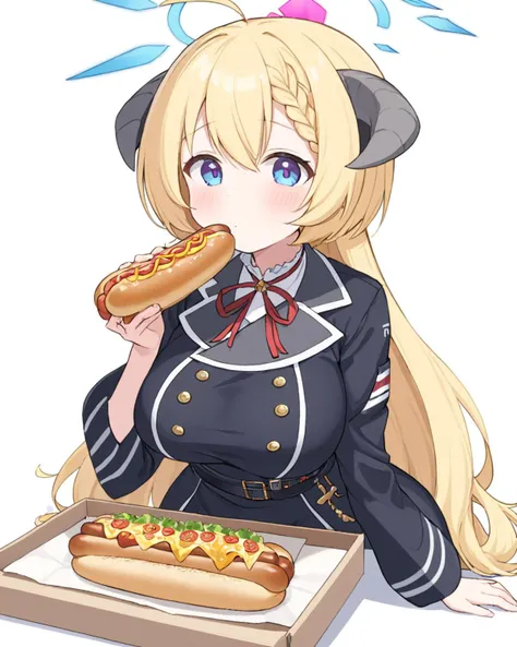 anime girl eating a hot dog with cheese and mustard