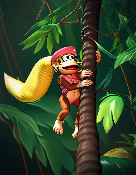 score_9, score_8_up, score_7_up, score_6_up, score_5_up, score_4_up BREAK
3d, source_furry, source_cartoon, dixie kong hanging from the branches in a jungle tree, kong, in tree, holding branch, jungle, big leaves